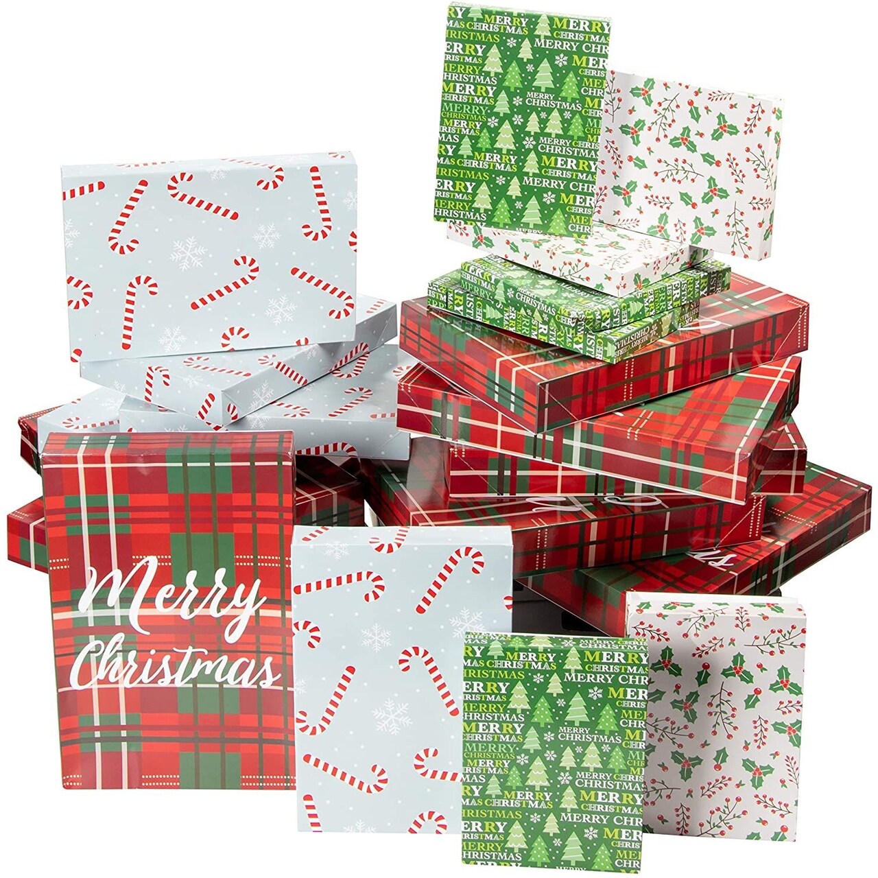 Juvale 48 Pack Empty Christmas Shirt Boxes, Assorted Size Gift Boxes with Lids, Holiday Boxes for Presents in 4 Festive Designs, Perfect for Xmas Wrapping